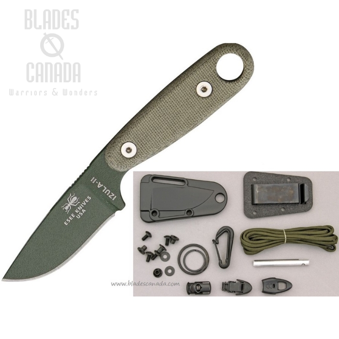 (image for) ESEE Izula II w/KIT Fixed Blade Knife, 1095 Carbon OD, Micarta, Molded Sheath, IZULA-II-OD-KIT